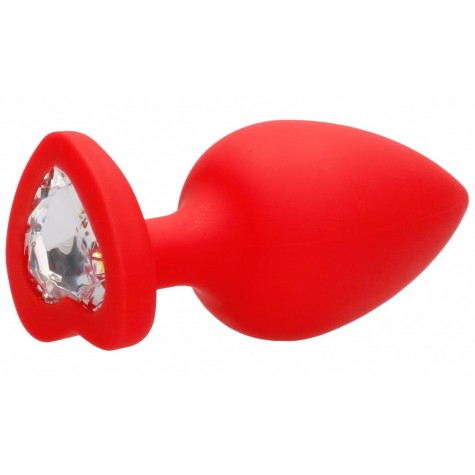 Красная анальная пробка с прозрачным стразом Extra Large Diamond Heart Butt Plug - 9,5 см.