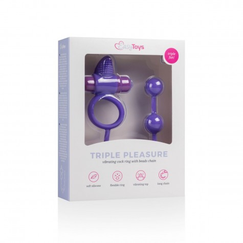 Фиолетовое эрекционное виброкольцо с анальной цепочкой Triple Pleasure